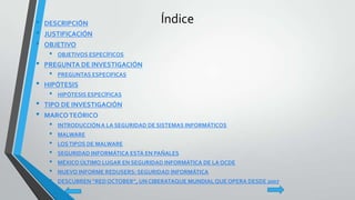Índice• DESCRIPCIÓN
• JUSTIFICACIÓN
• OBJETIVO
• OBJETIVOS ESPECÍFICOS
• PREGUNTA DE INVESTIGACIÓN
• PREGUNTAS ESPECIFICAS
• HIPÓTESIS
• HIPÓTESIS ESPECÍFICAS
• TIPO DE INVESTIGACIÓN
• MARCOTEÓRICO
• INTRODUCCIÓNA LA SEGURIDAD DE SISTEMAS INFORMÁTICOS
• MALWARE
• LOSTIPOS DE MALWARE
• SEGURIDAD INFORMÁTICA ESTÁ EN PAÑALES
• MÉXICO ÚLTIMO LUGAR EN SEGURIDAD INFORMÁTICA DE LA OCDE
• NUEVO INFORME REDUSERS: SEGURIDAD INFORMÁTICA
• DESCUBREN “RED OCTOBER”, UN CIBERATAQUE MUNDIAL QUE OPERA DESDE 2007
 