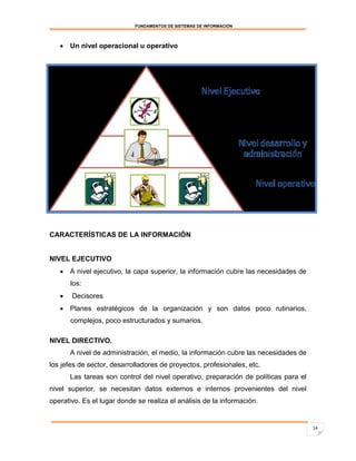 FUNDAMENTOS DE SISTEMAS DE INFORMACIÓN




    Un nivel operacional u operativo




CARACTERÍSTICAS DE LA INFORMACIÓN


NIVEL EJECUTIVO
    A nivel ejecutivo, la capa superior, la información cubre las necesidades de
       los:
      Decisores
    Planes estratégicos de la organización y son datos poco rutinarios,
       complejos, poco estructurados y sumarios.

NIVEL DIRECTIVO.
       A nivel de administración, el medio, la información cubre las necesidades de
los jefes de sector, desarrolladores de proyectos, profesionales, etc.
       Las tareas son control del nivel operativo, preparación de políticas para el
nivel superior, se necesitan datos externos e internos provenientes del nivel
operativo. Es el lugar donde se realiza el análisis de la información.


                                                                                      14
 