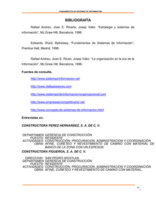FUNDAMENTOS DE SISTEMAS DE INFORMACIÓN




                                BIBLIOGRAFÍA
      Rafael Andreu, Joan E. Ricarte, Josep Valor. “Estrategia y sistemas de
información”, Mc.Graw Hill, Barcelona, 1996.


      Edwards, Ward, Bytheway, “Fundamentos de Sistemas de Información”,
Prentice Hall, Madrid, 1998.


      Rafael Andreu, Joan E. Ricart, Josep Valor, “La organización en la era de la
Información”, Mc.Graw Hill, Barcelona, 1996.

Fuentes de consulta.

      http://www.sistemas/informacion.net

      http://www.deltaasesores.com

      http://www.sistemas/de/informacion/organizacional.com

      http://www.empresas/competitiva/si/.net

      http://www.concepto-de-sistemas-de-informacion.html

Entrevistas en.

CONSTRUCTORA PEREZ HERNANDEZ, S. A. DE C. V.


DEPARTAMEN GERENCIA DE CONSTRUCCIÓN
    PUESTO:RESIDENTE
         TO:
           CONSTRUCCIÓN, PROCURACION, ADMINISTRACION Y COORDINACIÓN
ACTIVIDADES:
           AFINE, CUÑETEO Y REVESTIMIENTO DE CAMINO CON MATERIAL DE
       OBRA:
           DEL PROYECTO
           BANCO DE LA ZONA CON UN ESPESOR.
CONSTRUCTORA FIGUEROA, S. A. DE C. V.

 DIRECCION:       SAN PEDRO IXCATLAN
DEPARTAMEN        GERENCIA DE CONSTRUCCIÓN
    PUESTO:
         TO:      RESIDENTE
ACTIVIDADES:      CONSTRUCCIÓN, PROCURACION, ADMINISTRACION Y COORDINACIÓN
       OBRA:      AFINE, CUÑETEO
                  DEL PROYECTO Y REVESTIMIENTO DE CAMINO CON MATERIAL.




                                                                                     28
 