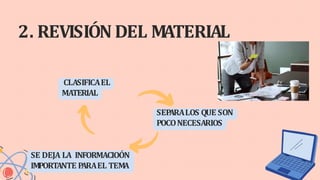2. REVISIÓN DEL MATERIAL
CLASIFICAEL
MATERIAL
SEP
ARALOS QUE SON
POCONECESARIOS
SE DEJA LA INFORMACIOÓN
IMPORTANTE P
ARAEL TEMA
 