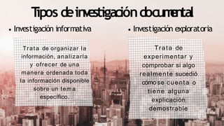 T
ipos deinv
e
stigacióndocum
e
n
tal
Investigación informativa Investigación exploratoria
Trata de organizar la
información, analizarla
y ofrecer de una
manera ordenada toda
la información disponible
sobre un tema
específico.
Trata de
experimentar y
comprobar si algo
realmente sucedió
cómo se cuenta o
tiene alguna
explicación
demostrable
 