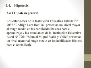 2.4.- Hipótesis

2.4.1 Hipótesis general

Los estudiantes de la Institución Educativa Urbana Nº
7098 “Rodrigo Lara Bonilla” presentan un nivel mayor
al rango medio en las habilidades básicas para el
aprendizaje y los estudiantes de la Institución Educativa
Rural Nº 7264 “Manuel Miguel Valle y Valle” presentan
un nivel menor al rango medio en las habilidades básicas
para el aprendizaje.
 
