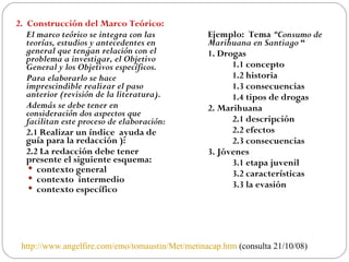 2.  Construcción del Marco Teórico: El marco teórico se integra con las teorías, estudios y antecedentes en general que tengan relación con el problema a investigar, el Objetivo General y los Objetivos específicos. Para elaborarlo se hace imprescindible realizar el paso anterior (revisión de la literatura). Además se debe tener en consideración dos aspectos que facilitan este proceso de elaboración: 2.1 Realizar un índice  ayuda de guía para la redacción ):  2.2 La redacción debe tener presente el siguiente esquema: contexto general  contexto  intermedio  contexto específico  Ejemplo:  Tema  “Consumo de Marihuana en Santiago  “ 1. Drogas 1.1 concepto 1.2 historia 1.3 consecuencias 1.4 tipos de drogas 2. Marihuana 2.1 descripción 2.2 efectos 2.3 consecuencias 3. Jóvenes 3.1 etapa juvenil 3.2 características 3.3 la evasión http://www.angelfire.com/emo/tomaustin/Met/metinacap.htm  (consulta 21/10/08) 