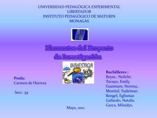 UNIVERSIDAD PEDAGÒGICA EXPERIMENTAL
LIBERTADOR
INSTITUTO PEDAGÒGICO DE MATURIN
MONAGAS

Profa:
Carmen de Herrera
Secc. 39
...