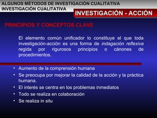 ALGUNOS MÉTODOS DE INVESTIGACIÓN CUALITATIVAALGUNOS MÉTODOS DE INVESTIGACIÓN CUALITATIVA
INVESTIGACIÓN CUALITATIVAINVESTIGACIÓN CUALITATIVA
INVESTIGACIÓN - ACCIÓNINVESTIGACIÓN - ACCIÓNINVESTIGACIÓN - ACCIÓNINVESTIGACIÓN - ACCIÓN
El elemento común unificador lo constituye el que toda
investigación-acción es una forma de indagación reflexiva
regida por rigurosos principios o cánones de
procedimientos.
• Aumento de la comprensión humana
• Se preocupa por mejorar la calidad de la acción y la práctica
humana.
• El interés se centra en los problemas inmediatos
• Todo se realiza en colaboración
• Se realiza in situ
PRINCIPIOS Y CONCEPTOS CLAVE
 