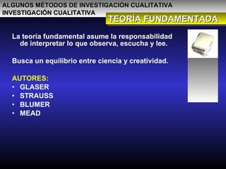 ALGUNOS MÉTODOS DE INVESTIGACIÓN CUALITATIVAALGUNOS MÉTODOS DE INVESTIGACIÓN CUALITATIVA
INVESTIGACIÓN CUALITATIVAINVESTIGACIÓN CUALITATIVA
TEORÍA FUNDAMENTADATEORÍA FUNDAMENTADATEORÍA FUNDAMENTADATEORÍA FUNDAMENTADA
La teoría fundamental asume la responsabilidad
de interpretar lo que observa, escucha y lee.
Busca un equilibrio entre ciencia y creatividad.
AUTORES:
• GLASER
• STRAUSS
• BLUMER
• MEAD
 