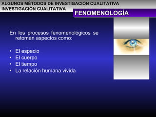 ALGUNOS MÉTODOS DE INVESTIGACIÓN CUALITATIVAALGUNOS MÉTODOS DE INVESTIGACIÓN CUALITATIVA
INVESTIGACIÓN CUALITATIVAINVESTIGACIÓN CUALITATIVA
FENOMENOLOGÍAFENOMENOLOGÍAFENOMENOLOGÍAFENOMENOLOGÍA
En los procesos fenomenológicos se
retoman aspectos como:
• El espacio
• El cuerpo
• El tiempo
• La relación humana vivida
 