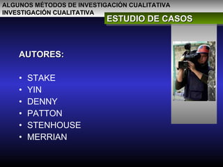 ALGUNOS MÉTODOS DE INVESTIGACIÓN CUALITATIVAALGUNOS MÉTODOS DE INVESTIGACIÓN CUALITATIVA
INVESTIGACIÓN CUALITATIVAINVESTIGACIÓN CUALITATIVA
ESTUDIO DE CASOSESTUDIO DE CASOSESTUDIO DE CASOSESTUDIO DE CASOS
AUTORES:AUTORES:
• STAKE
• YIN
• DENNY
• PATTON
• STENHOUSE
• MERRIAN
 
