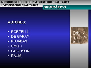 ALGUNOS MÉTODOS DE INVESTIGACIÓN CUALITATIVAALGUNOS MÉTODOS DE INVESTIGACIÓN CUALITATIVA
INVESTIGACIÓN CUALITATIVAINVESTIGACIÓN CUALITATIVA
BIOGRÁFICOBIOGRÁFICOBIOGRÁFICOBIOGRÁFICO
AUTORES:AUTORES:
• PORTELLI
• DE GARAY
• PUJADAS
• SMITH
• GOODSON
• BAUM
 