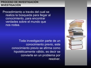 Toda investigación parte de un
conocimiento previo, este
conocimiento previo se afirma como
hipotéticamente válido, es decir se
convierte en un problema por
resolver.
PROCESO DE INVESTIGACIÓNPROCESO DE INVESTIGACIÓN
INVESTIGACIÓNINVESTIGACIÓN
Procedimiento a través del cual se
realiza la búsqueda para llegar al
conocimiento, para encontrar
verdades sobre el mundo que
nos rodea.
 