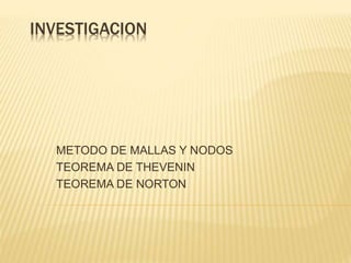 INVESTIGACION
METODO DE MALLAS Y NODOS
TEOREMA DE THEVENIN
TEOREMA DE NORTON
 