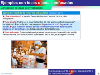 Ejemplos con ideas o temas enfocados
9www.coimbraweb.com
Concepción de ideas de investigación
Ejemplo 9.- Sentido de vida ...