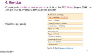 • El número de revistas en acceso abierto se sitúa en los 9767 títulos (según DOAJ), un
34% del total de revistas académicas que se publican
• Posiciones por países
Fuente: DOAJ, http://www.doaj.org
28
4. Revistas
 