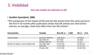 5. Visibilidad
Son más citados los artículos en OA
• Gunther Eysenbach, 2006
“This comparison of the impact of OA and non-OA articles from the same journal in
the first 4–16 months after publication shows that OA articles are cited earlier
and are, on average, cited more often than non-OA articles” .
31
 