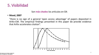 5. Visibilidad
Son más citados los artículos en OA
• Moed, 2007
“there is no sign of a general ‘open access advantage’ of papers deposited in
ArXiv-CM. The empirical findings presented in this paper do provide evidence
that ArXiv accelerates citation”.
32
 