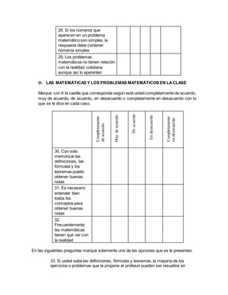 28. Si los números que
aparecen en un problema
matemático son simples, la
respuesta debe contener
números simples
29. Los problemas
matemáticos no tienen relación
con la realidad cotidiana
aunque así lo aparenten
D. LAS MATEMÁTICAS Y LOS PROBLEMAS MATEMÁTICOS EN LACLASE
Marque con X la casilla que corresponda según esté usted completamente de acuerdo,
muy de acuerdo, de acuerdo, en desacuerdo o completamente en desacuerdo con lo
que se le dice en cada caso.
30. Con solo
memorizar las
definiciones, las
fórmulas y los
teoremas puedo
obtener buenas
notas
31. Es necesario
entender bien
todos los
conceptos para
obtener buenas
notas
32.
Frecuentemente
las matemáticas
tienen que ver con
la realidad
En las siguientes preguntas marque solamente una de las opciones que se le presentan.
33. Si usted sabe las definiciones, fórmulas y teoremas, la mayoría de los
ejercicios o problemas que le propone el profesor pueden ser resueltos en
 