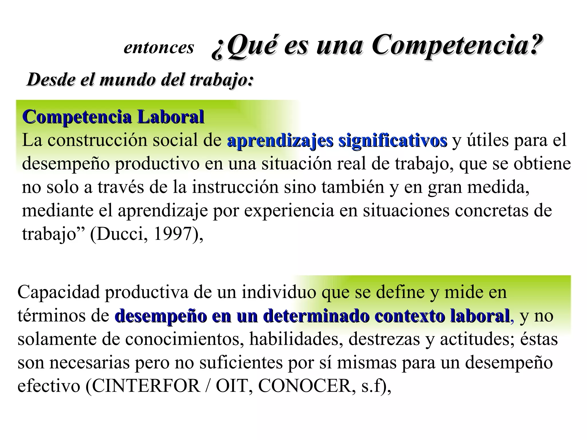 ¿Qué es una Competencia? entonces Competencia Laboral La construcción social de  aprendizajes significativos  y útiles para el desempeño productivo en una situación real de trabajo, que se obtiene no solo a través de la instrucción sino también y en gran medida, mediante el aprendizaje por experiencia en situaciones concretas de trabajo” (Ducci, 1997),  Capacidad productiva de un individuo que se define y mide en términos de  desempeño en un determinado contexto laboral ,  y no solamente de conocimientos, habilidades, destrezas y actitudes; éstas son necesarias pero no suficientes por sí mismas para un desempeño efectivo ( CINTERFOR / OIT, CONOCER, s.f),  Desde el mundo del trabajo: 