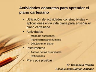 Actividades concretas para aprender el plano cartesiano Utilización de actividades constructivistas y aplicaciones en la vida diaria para enseñar el plano cartesiano Actividades Mapa de huracanes Plano cartesiano humano Dibujos en el plano Instrumentos Tareas de los estudiantes Reflexiones Pre y pos pruebas Sr. Cresencio Román Escuela Juan Ramón Jiménez 