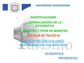 UNIVERSIDAD VERACRUZANA INVESTICACIONES GENERALIDADES DE LA ESTADISTICA  MUESTRA Y TIPOS DE MUESTRA AGENCIA DE VIAJES #2 LAE ELSA RETURETA ALVAREZ VERACRUZ, VERACRUZ A 13 DE MAYO DE 2010 ESTADISTICA INFERENCIAL 