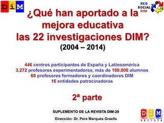 ¿Qué han aportado a la
mejora educativa
las 22 investigaciones DIM?
(2004 – 2014)
2ª parte
446 centros participantes de España y Latinoamérica
3.272 profesores experimentadores, más de 100.000 alumnos
60 profesores formadores y coordinadores DIM
16 entidades patrocinadoras
SUPLEMENTO DE LA REVISTA DIM-29
Dirección: Dr. Pere Marquès Graells
 