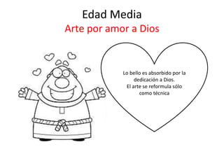 Edad Media
Arte por amor a Dios
Lo bello es absorbido por la
dedicación a Dios.
El arte se reformula sólo
como técnica
 