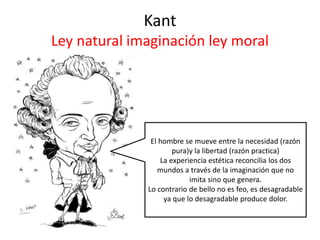 Kant
Ley natural imaginación ley moral
El hombre se mueve entre la necesidad (razón
pura)y la libertad (razón practica)
La experiencia estética reconcilia los dos
mundos a través de la imaginación que no
imita sino que genera.
Lo contrario de bello no es feo, es desagradable
ya que lo desagradable produce dolor.
 