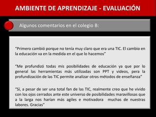 AMBIENTE DE APRENDIZAJE - EVALUACIÓN

  Algunos comentarios en el colegio B:



“Primero cambió porque no tenía muy claro que era una TIC. El cambio en
la educación va en la medida en el que lo hacemos”

“Me profundizó todas mis posibilidades de educación ya que por lo
general las herramientas más utilizadas son PPT y videos, pera la
profundización de las TIC permite analizar otros métodos de enseñanza”

“Sí, a pesar de ser una total fan de las TIC, realmente creo que he vivido
con los ojos cerrados ante este universo de posibilidades maravillosas que
a la larga nos harían más agiles e motivadora muchas de nuestras
labores. Gracias”
 