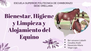 Bienestar, Higiene
y Limpieza y
Alojamiento del
Equino • Barrionuevo Lisbeth
• Cevallos Anahi
• Navarrete Hilarie
• Vega L...