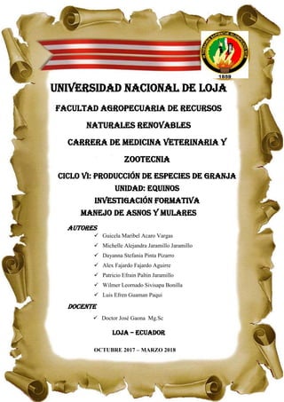 i
UNIVERSIDAD NACIONAL DE LOJA
FACULTAD AGROPECUARIA DE RECURSOS
NATURALES RENOVABLES
CARRERA DE MEDICINA VETERINARIA Y
ZOOTECNIA
Ciclo vi: PRODUCCIÓN DE ESPECIES DE GRANJA
UNIDAD: EQUINOS
INVESTIGACIÓN FORMATIVA
MANEJO DE ASNOS Y MULARES
AUTORES
 Guicela Maribel Acaro Vargas
 Michelle Alejandra Jaramillo Jaramillo
 Dayanna Stefania Pinta Pizarro
 Alex Fajardo Fajardo Aguirre
 Patricio Efrain Paltin Jaramillo
 Wilmer Leornado Sivisapa Bonilla
 Luis Efren Guaman Paqui
DOCENTE
 Doctor José Gaona Mg.Sc
LOJA – ECUADOR
OCTUBRE 2017 – MARZO 2018
 