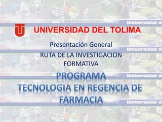Presentación General
RUTA DE LA INVESTIGACION
FORMATIVA
UNIVERSIDAD DEL TOLIMA
 
