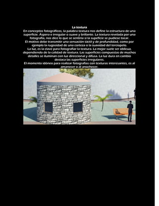 La textura
En conceptos fotográficos, la palabra textura nos define la estructura de una
superfície. Áspera e irregular o suave y brillante. La textura revelada por una
fotografía, nos dice lo que se sentiría si la supefície se pudiese tocar.
El motivo debe transmitir una sensación táctil y de profundidad, como por
ejemplo la rugosidad de una corteza o la suavidad del terciopelo.
La luz, es la clave para fotografiar la textura. La mejor suele ser oblicua,
dependiendo de la calidad de textura. Las superficies compuestas de muchos
detalles se iluminan con luz direccional y difusa. La luz dura en cambio
destaca las superficies irregulares.
El momento idóneo para realizar fotografías con texturas interesantes, es al
amanecer o al anochecer.

 