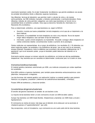 crecimiento bacteriano visible. Es el valor fundamental de referencia que permite establecer una escala 
de actividad del antibiótico frente a diferentes especies bacterianas. 
Hay diferentes técnicas de laboratorio que permiten medir o calcular de rutina, y de manera 
semicuantitativa, las CIM (métodos manuales y métodos automatizados o semiautomatizados). Estos 
diferentes métodos de rutina permiten categorizar una cierta cepa bacteriana en función de su 
sensibilidad frente al antibiótico probado. Esta cepa se denomina Sensible (S), Intermedia (I) o 
Resistente (R) al antibiótico. 
Para un determinado antibiótico, una cepa bacteriana es, según la NCCLS: 
 Sensible, si existe una buena probabilidad de éxito terapéutico en el caso de un tratamiento a la 
dosìs habitual. 
 Resistente, si la probabilidad de éxito terapéutico es nula o muy reducida. No es de esperar 
ningún efecto terapéutico sea cual fuere el tipo de tratamiento. 
 Intermedia, cuando el éxito terapéutico es imprevisible. Se puede conseguir efecto terapéutico en 
ciertas condiciones (fuertes concentraciones locales o aumento de la posología). 
Ciertas moléculas son representativas de un grupo de antibióticos. Los resultados (S, I, R) obtenidos con 
estas moléculas pueden ser ampliados a los antibióticos del grupo, que en ese caso no es necesario 
ensayar (Ejemplo: Equivalencia entre la cefalotina que se ensaya y las restantes cefalosporinas de 1ª 
generación que no es necesario probar, ya que el resultado puede deducirse del obtenido en la 
cefalotina). 
Este hecho permite ensayar un número reducido de antibióticos, sin limitar por ello las posibilidades 
terapéuticas. Hay bacterias que son sensibles en determinadas condiciones pero no lo serán en otras. 
Elementos Genéticos Esenciales 
El material genético bacteriano está formado por ADN, una molécula compuesta por unidas repetitivas 
de nucleótidos. 
Este ADN conforma el genoma bacteriano, pero también posee elementos extracromosómicos como 
plásmidos, transposones e integrones. 
Las dos funciones del material genético son replicación( duplicar su material genético para posterior 
herencia a su progenie) y expresión ( determina las carácterísticas observables, el fenotipo). 
Poseen ARN de tranferencia y ribosomal también. 
Características del genoma bacteriano 
El tamaño del genoma bacteriano es variable de una bacteria a otra. 
La mayoria de las bacterias tienen un solo cromosoma circular con ADN de doble cadena. 
Aunque hay bacterias con ADN lineal( Borrelia, Streptomices) y bacterias con ADN lineal y circular ( 
Agrobacterium). 
El cromosoma es cientos de veces más largo que el diámetro de la célula,aún así se acomoda al 
citoplasma gracias al "superenrollamiento" que sufre. 
Hay excepciones, como el micoplasma, cuyo cromosoma es una cuarta parte del de otras bacterias. 
 
