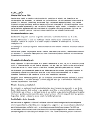 CONCLUSIÓN 
Chavira Ruiz Teresa Edith. 
Las bacterias tienen un genotipo que transmiten por herencia y un fenotipo que depende de las 
circunstancias que les rodean. Las bacterias son microorganismos con una capacidad extraordinaria de 
adaptación a diferentes condiciones ambientales. Para comprender la esencia de esta capacidad es 
importante conocer sus bases genéticas, es decir cómo está organizada la información genética, como 
realizan y regulan su expresión y que mecanismos de variación génica poseen. La capacidad infecciosa 
de las bacterias patógenas radica en que poseen la información génica necesaria para colonizar los 
tejidos del huésped, invadirlos y/o producir sustancias tóxicas que causarán la enfermedad. 
Mercado Galaviz Diana Laura. 
Las bacterias se pueden encontrar en grandes cantidades, totalmente diferentes una de la otra. 
La lograr diferenciarlas se hace una morfología colonial, esta nos ayuda a identificarla; así como 
diferenciar un bacilo de un cocos. Si la colonia se produce en forma de racimo de uvas, se llaman, 
Staphylococcus. 
Sin embargo no todo lo que logramos nota son diferencias sino también similitudes así como el carácter 
enzimático. 
Las bacterias pueden ser patógenas es decir dañinas para la salud de humano y normalmente trasmitida 
por alimentos. Es importante investigarse para tener control de sanidad en alimentos así como también 
conocer sus consecuencias. 
Mercado Portillo Saira Nayeli. 
Como conclusión yo creo que al hablar de la genética se habla de un tema con mucha extensión, porque 
como ya sabemos existen muchos tipos de bacterias y a la vez, cada una cuenta con sus propios genes 
que la caracterizan. Lo mismo sucede con los seres humanos, ya que la genética es muy compleja. 
La información que contienen los genes es vital para la vida de una bacteria, ya que está contenida en 
una molécula de ADN de doble cadena y circular, que al mismo tiempo es cerrado por un enlace 
covalente. Ésa molécula que contiene el ADN se llama “cromosoma bacteriano”. 
Los genes portan información genética que son esenciales para muchas funciones de la célula, cuando 
simultáneamente se encuentra en etapa o también se puede decir que se encuentra en condiciones 
normales de crecimiento o desarrollo. 
Morales Cardona Andrea Isabel. 
En conclusión se puede decir que la genética bacteriana es un tema de gran extensión, es una de las 
bases más importantes de la bacteria ya que gracias a la genética se obtienen todos los rasgos físicos, 
la información que contienen es vital para la vida de una bacteria ya que contiene ADN , los genes portan 
información genética que son esenciales para muchas funciones .También se puede decir que gracias a 
la genética siempre será de gran ayuda para la humanidad y la ciencia. 
Portillo Robles Javier Armando. 
Mi conclusión de la genética bacteriana es que las bacterias son microorganismos que se adaptan a 
diferentes condiciones ambientales todo eso es gracias a sus genes ya que todas las bacterias tienen un 
genotipo que se pasa por la herencia y un fenotipo que depende de lo que les pase. También las 
bacterias van cambiando caracteres y son de dos tipos fenotípicas y genotípicas .También están los 
elementos genéticos esenciales y es que todas tienen ADN, el ADN conforma el genoma bacteriano. 
 
