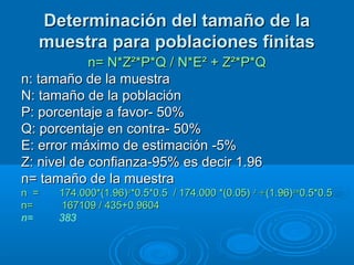Determinación del tamaño de laDeterminación del tamaño de la
muestra para poblaciones finitasmuestra para poblaciones finitas
n= N*Z²*P*Q / N*E² + Z²*P*Qn= N*Z²*P*Q / N*E² + Z²*P*Q
n: tamaño de la muestran: tamaño de la muestra
N: tamaño de la poblaciónN: tamaño de la población
P: porcentaje a favor- 50%P: porcentaje a favor- 50%
Q: porcentaje en contra- 50%Q: porcentaje en contra- 50%
E: error máximo de estimación -5%E: error máximo de estimación -5%
Z: nivel de confianza-95% es decir 1.96Z: nivel de confianza-95% es decir 1.96
n= tamaño de la muestran= tamaño de la muestra
n =n = 174.000*(1.96)174.000*(1.96)²²*0.5*0.5 / 174.000 *(0.05)*0.5*0.5 / 174.000 *(0.05) ² +² +(1.96)(1.96)²*²*0.5*0.50.5*0.5
n= 167109 / 435+0.9604n= 167109 / 435+0.9604
n= 383
 