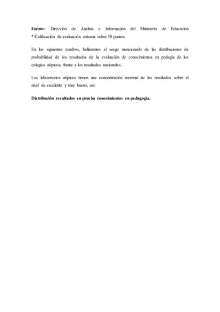 Fuente: Dirección de Análisis e Información del Ministerio de Educación
* Calificación de evaluación externa sobre 50 puntos.
En los siguientes cuadros, hallaremos el sesgo mencionado de las distribuciones de
probabilidad de los resultados de la evaluación de conocimientos en pedagía de los
colegios atípicos, frente a los resultados nacionales.
Los laboratorios atípicos tienen una concentración anormal de los resultados sobre el
nivel de excelente y muy bueno, así:
Distribución resultados en prueba conocimientos en pedagogía.
 