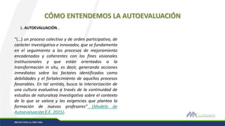 CÓMO ENTENDEMOS LA AUTOEVALUACIÓN
1. AUTOEVALUACIÓN…
“(…) un proceso colectivo y de orden participativo, de
carácter investigativo e innovador, que se fundamenta
en el seguimiento a los procesos de mejoramiento
encadenados y coherentes con los fines visionales
institucionales y que están orientados a la
transformación in situ, es decir, generando acciones
inmediatas sobre los factores identificados como
debilidades y el fortalecimiento de aquellos procesos
favorables. En tal sentido, busca la interiorización de
una cultura evaluativa a través de la continuidad de
estudios de naturaleza investigativa sobre el contexto
de lo que se valora y las exigencias que plantea la
formación de nuevos profesores” (Modelo de
Autoevaluación E.E. 2015).
 