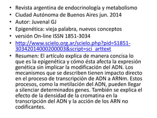 • Revista argentina de endocrinología y metabolismo
• Ciudad Autónoma de Buenos Aires jun. 2014
• Autor: Juvenal GJ
• Epigenética: vieja palabra, nuevos conceptos
• versión On-line ISSN 1851-3034
• http://www.scielo.org.ar/scielo.php?pid=S1851-
30342014000200003&script=sci_arttext
• Resumen: El artículo explica de manera concisa lo
que es la epigenética y cómo ésta afecta la expresión
genética sin implicar la modificación del ADN. Los
mecanismos que se describen tienen impacto directo
en el proceso de transcripción de ADN a ARNm. Estos
procesos, como la metilación del ADN, pueden llegar
a silenciar determinados genes. También se explica el
efecto de la densidad de la cromatina en la
transcripción del ADN y la acción de los ARN no
codificantes.
 