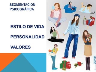 SEGMENTACIÓN
PSICOGRÁFICA
ESTILO DE VIDA
PERSONALIDAD
VALORES
 