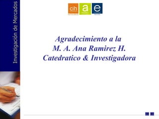 Investigación de Mercados Investigación de Mercados Agradecimiento a la  M. A. Ana Ramirez H. Catedratico & Investigadora 