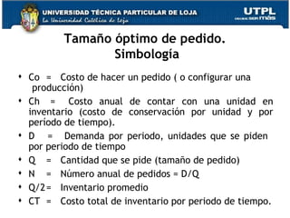Tamaño óptimo de pedido.  Simbología Co  =  Costo de hacer un pedido ( o configurar una  producción) Ch  =  Costo anual de contar con una unidad en inventario (costo de conservación por unidad y por período de tiempo). D  =  Demanda por periodo, unidades que se piden  por periodo de tiempo Q  =  Cantidad que se pide (tamaño de pedido) N  = Número anual de pedidos = D/Q Q/2 = Inventario promedio CT =  Costo total de inventario por periodo de tiempo. 