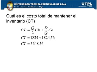 Cuál es el costo total de mantener el inventario (CT) 