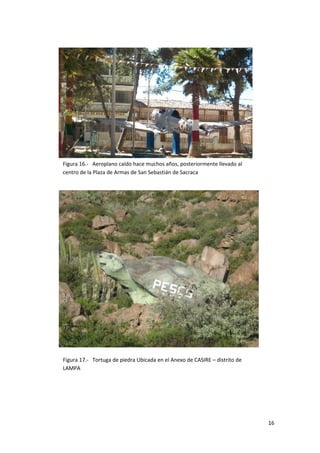 Figura 16.- Aeroplano caído hace muchos años, posteriormente llevado al
centro de la Plaza de Armas de San Sebastián de Sacraca




Figura 17.- Tortuga de piedra Ubicada en el Anexo de CASIRE – distrito de
LAMPA




                                                                            16
 