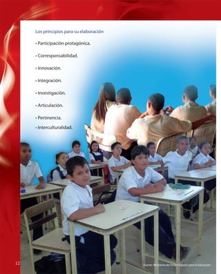Los principios para su elaboración
• Participación protagónica.
• Corresponsabilidad.
• Innovación.
• Integración.
• Investigación.
• Articulación.
• Pertinencia.
• Interculturalidad.

12
12

Fuente: Ministerio del Poder Popular para la Educación

 
