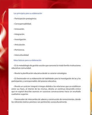 Los principios para su elaboración
• Participación protagónica.
• Corresponsabilidad.
• Innovación.
• Integración.
• Investigación.
• Articulación.
• Pertinencia.
• Interculturalidad
Ideas básicas para su elaboración
• Es la metodología de gestión escolar que concreta la tríada familia-instituciones
educativas-comunidad.
• Revela la planificación educativa desde su carácter estratégico.
• Es favorecedor en su elaboración de habilidades para la investigación de las y los
participantes y corresponsables del proceso educativo.
• Revela un carácter integral e integro debido a las relaciones que se establecen
entre sus fases, al interior de las mismas, devela un continuo desarrollo cíclico
que en espiral describe avances en sucesivas construcciones hacia un resultado
cualitativo superior.
• Favorecedor de intercambio de saberes y construcción de conocimientos, donde
los referentes teórico-prácticos son pertinentes socioculturalmente.

66

F

 