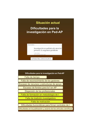 Situación actual
             Dificultades para la
          investigación en Ped-AP




        Dificultades para la investigación en Ped-AP

       Falta de tiempo
  Falta de reconocimiento de los gestores
Escasez de recursos y estructuras de apoyo
     Escasez de fondos para la I en AP
       Dispersión de los profesionales
   Falta de formación en metodología de I
        Falta de tradición investigadora
               Falta de motivación
   Dificultades burocráticas para firmar contratos de I
Dificultades en la publicación y autoría de los artículos científicos
 