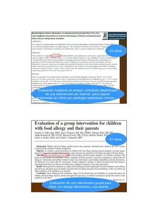 42 niños




 Evaluación mediante un ensayo controlado aleatorizado
       de una intervención por internet para mejorar
el bienestar en niños con patología respiratoria crónica…..




                                                    61 niños




         Evaluación de una intervención grupal para
        niños con alergia alimentaria y sus padres…..
 