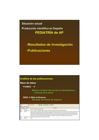 Situación actual
 Producción científica en España
               PEDIATRÍA de AP


     -Resultados de investigación
     -Publicaciones




Análisis de las publicaciones:
Base de datos
  PubMed
            Mejores revistas del mundo en biomedicina y
              ciencias de la salud

  WOS      Web of Science
            Revistas con factor de Impacto
 