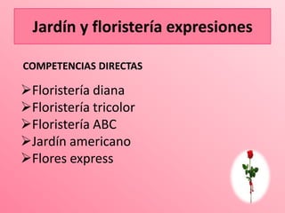 Jardín y floristería expresiones

COMPETENCIAS DIRECTAS

Floristería diana
Floristería tricolor
Floristería ABC
Jardín americano
Flores express
 
