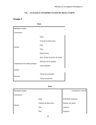 Métodos de Investigación Psicológica III
VII. ANALISIS E INTERPRETACION DE RESULTADOS
Prueba T
Notas
Resultados creados
Comentarios
Entrada
Datos
Conjunto de datos activo
Filtro
Peso
Dividir archivo
Núm. de filas del archivo de trabajo
Tratamiento de los valores perdidos
Definición de los perdidos
Casos utilizados
Sintaxis
Recursos
Tiempo de procesador
Tiempo transcurrido
Notas
Resultados creados 13-AUG-2014 14:51:09
Comentarios
Entrada
Datos D:SPSSSin título2.sav
Conjunto de datos activo Conjunto_de_datos1
Filtro <ninguno>
Peso <ninguno>
22
 