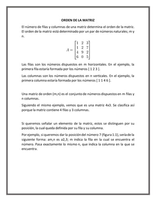 ORDEN DE LA MATRIZ 
El número de filas y columnas de una matriz determina el orden de la matriz. 
El orden de la matriz está determinado por un par de números naturales; m y 
n. 
Las filas son los números dispuestos en m horizontales. En el ejemplo, la 
primera fila estaría formada por los números [ 1 2 3 ]. 
Las columnas son los números dispuestos en n verticales. En el ejemplo, la 
primera columna estaría formada por los números [ 1 1 4 6 ]. 
Una matriz de orden (m,n) es el conjunto de números dispuestos en m filas y 
n columnas. 
Siguiendo el mismo ejemplo, vemos que es una matriz 4x3. Se clasifica así 
porque la matriz contiene 4 filas y 3 columnas. 
Si queremos señalar un elemento de la matriz, estos se distinguen por su 
posición, la cual queda definida por su fila y su columna. 
Por ejemplo, si queremos dar la posición del número 7 (figura 1.1), sería de la 
siguiente forma: am,n es a2,3; m indica la fila en la cual se encuentra el 
número. Pasa exactamente lo mismo n, que indica la columna en la que se 
encuentra. 
 